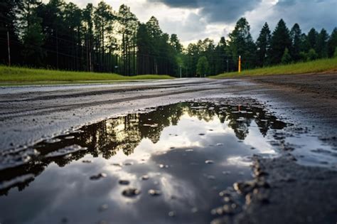 Premium Ai Image Autumn Rain Creates A Puddle On A Forest Road Under