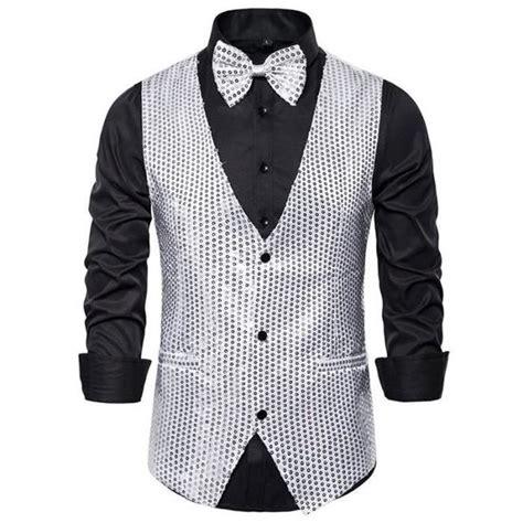 Gilet De Costume Homme Slim Col V Sans Manche Soirée Couleur Unie Avec Paillettes Argente