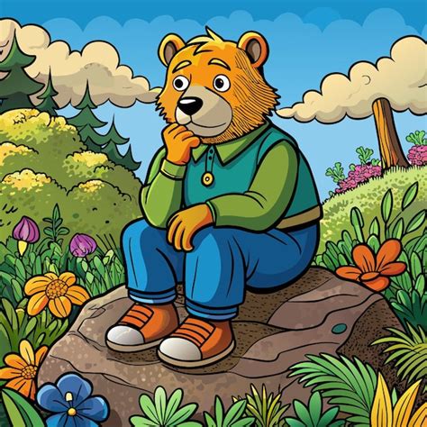 Um Desenho Animado De Um Urso Sentado Em Uma Rocha Flores E Um