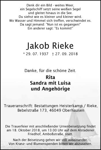 Traueranzeigen Von Jakob Rieke Trauer In Nrw De