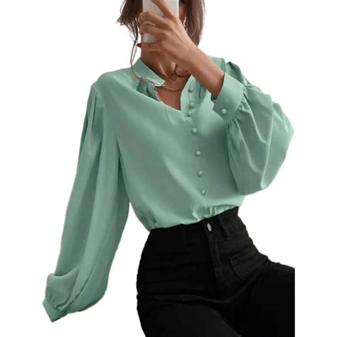 Frontwalk Women Elegant Lantern Sleeves Blouse Long Sleeve Plain Formal Tops Button Down Casual