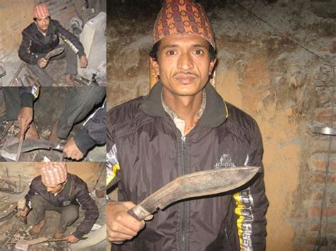 A Man Holding A Large Knife In Front Of Him And Several Pictures Of Him