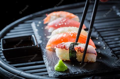 Premium Photo | Fresh nigiri sushi with rice and shrimp