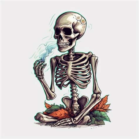 Premium Photo A Skeleton Smoking A Cigarette With A Leaf On The