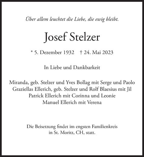 Traueranzeigen Von Josef Stelzer SZ Gedenken De