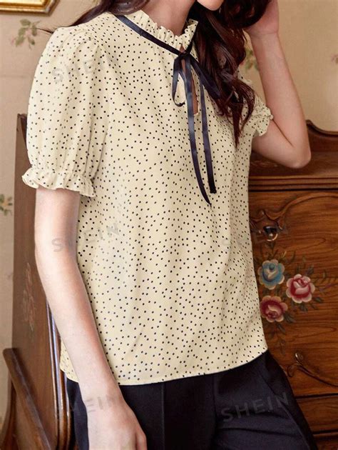 Shein Privé Polka Dot Print Tie Neck Puff Sleeve Blouse Shein Usa