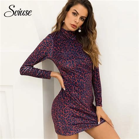 Velvet Leopard Mini Dress Women Autumn Long Sleeve Turtleneck Sexy