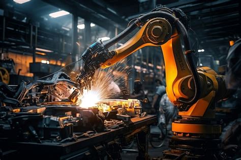 Premium AI Image Robotic Arm Welding In An Industrial Plant Generative Ai