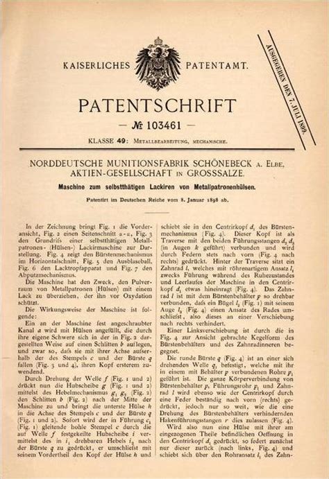 Original Patentschrift Munitionsfabrik Schönebeck a Elbe 1898