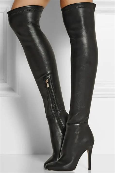 Women Chic Black Leather Stiletto Heels Thigh High Boots European Stylish Sexy Zipper Boots