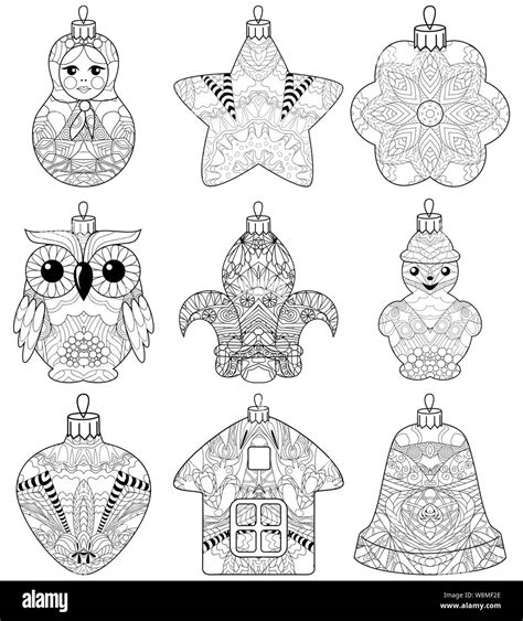 Zentangle Stylized Christmas Set Of Decorations Hand Drawn Lace Vector