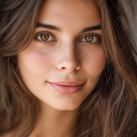 A closeup portrait of a woman with long brown hair and hazel eyes