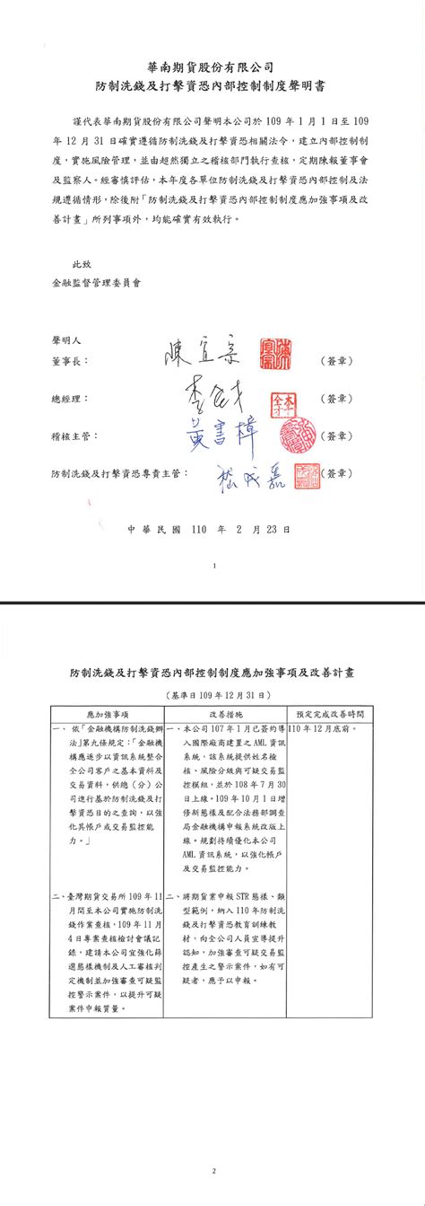 華南期貨 最新消息 Top 109年度防制洗錢及打擊資恐內控聲明書