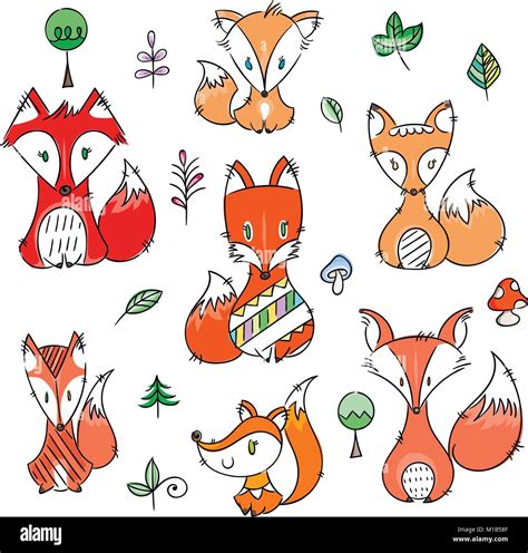 Set of cute doodle foxes in simple flat style. Isolated vector ...