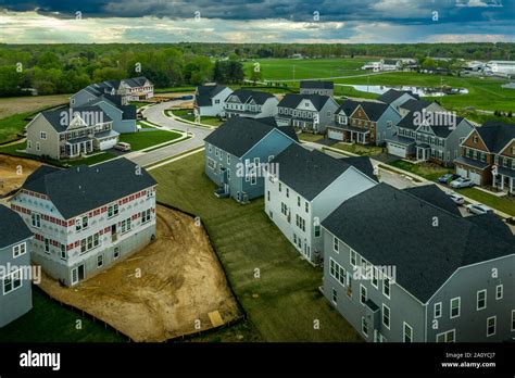 Aerial View Of Typical American New Construction Neighborhood Street In