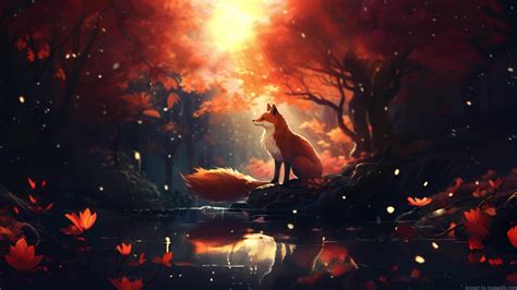 Fox Autumn Forest Pond Live Wallpaper - MoeWalls