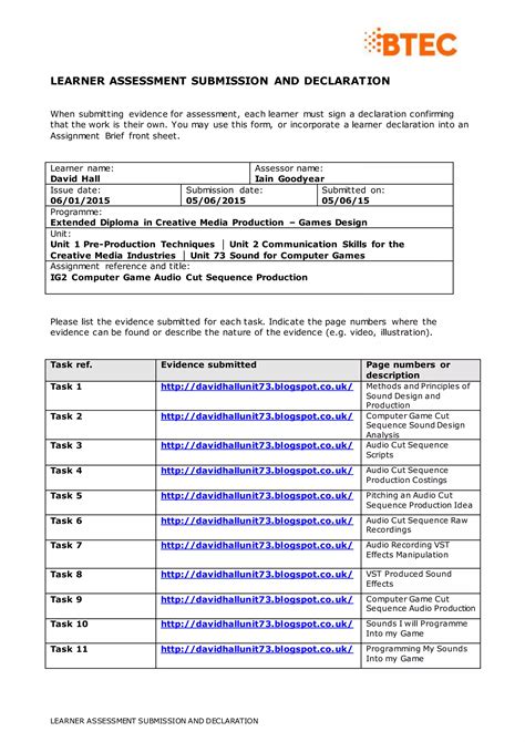 David Hall Y1 Games Ig2 Learner Assessment Submission Declaration Pdf Free Download