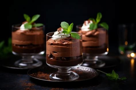 Premium Photo Chocolate Mousse In A Glass Bowl On A Dark Table