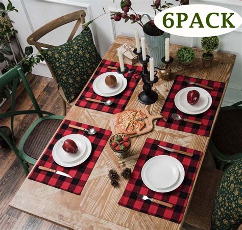 Set of 6 Christmas Placemats Red Black Buffalo Check Placemats Plaid Placemats Set for Christmas ...