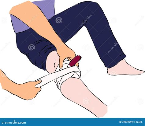 First Aid Bandaging With Band Wound With Knife In Leg Stock Vector