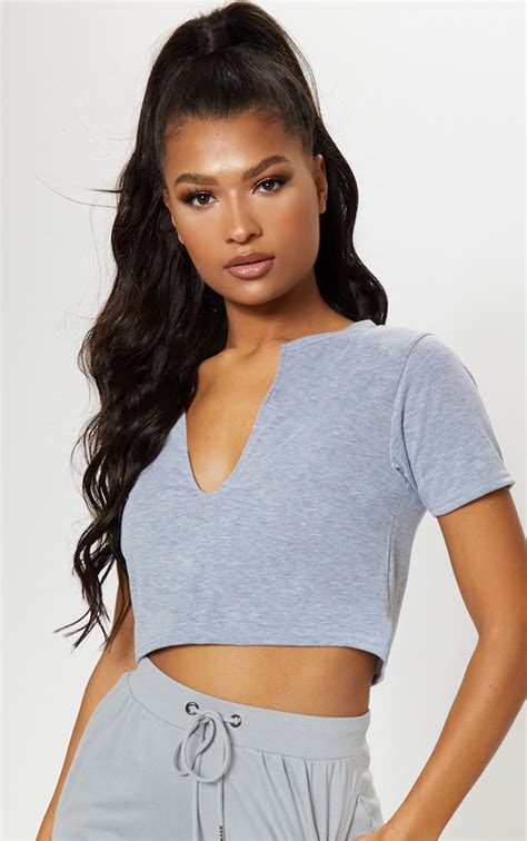 Basic Grey V Neck Crop T Shirt Tops Prettylittlething Usa