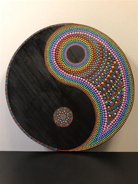 Hand Painted Yin Yang Dot Mandala Painting 10 Wooden Circle Etsy In