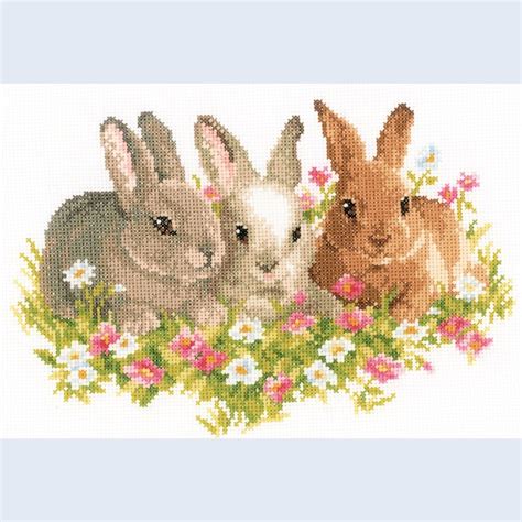 Rabbits In A Field Of Flowers Counted Cross Stitch Kit Vervaco