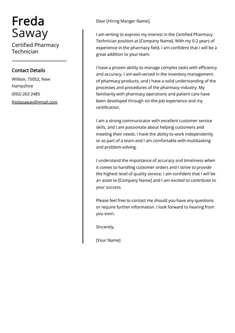 Certified Pharmacy Technician Cover Letter Example Free Guide