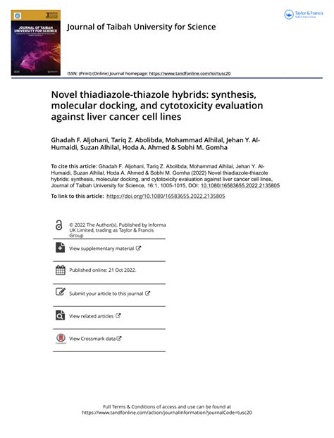 Pdf Novel Thiadiazole Thiazole Hybrids Synthesis Molecular Docking And Cytotoxicity