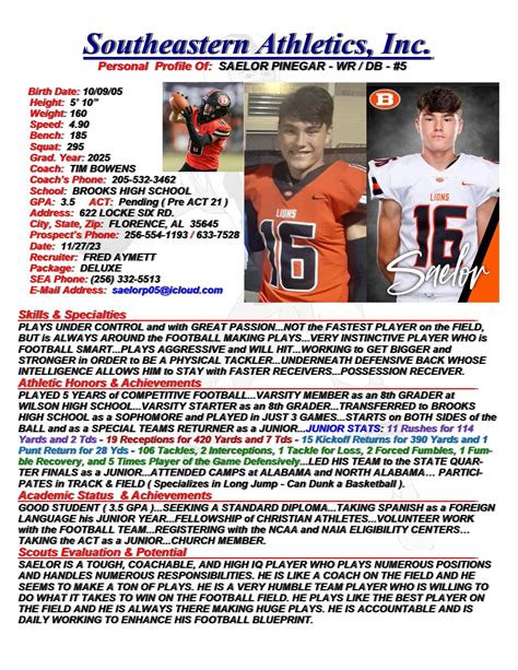 Saelor Pinegar, 2025, WR / DB, Brooks HS, AL – Southeastern Athletics, Inc.