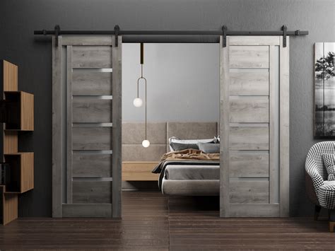 Sturdy Double Barn Door With Frosted Glass Quadro 4088 Nebraska Grey 13ft Rail Hangers Heavy