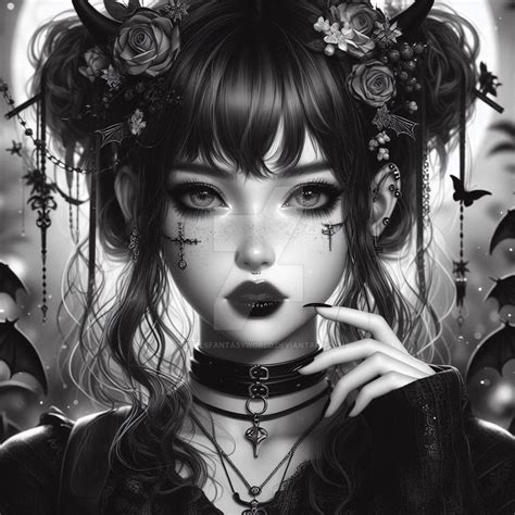 Gothic lady black and white portrait digital illus by ...