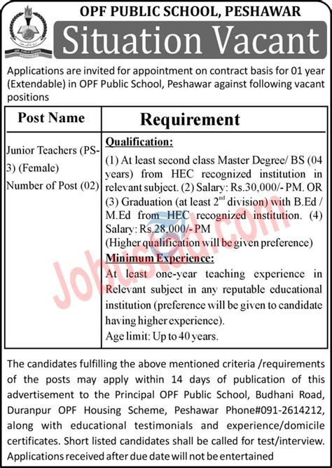 Latest OPF Public School Jobs in Peshawar February 2024 Advertisement