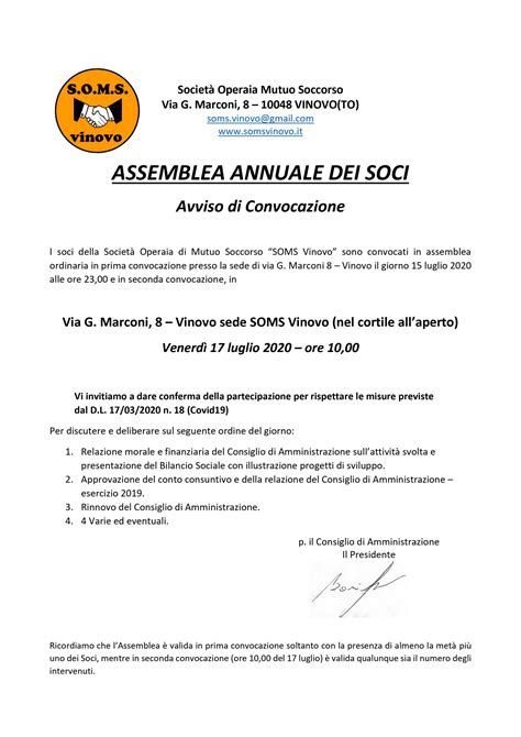 Convocazione Assemblea Dei Soci SOMS Vinovo