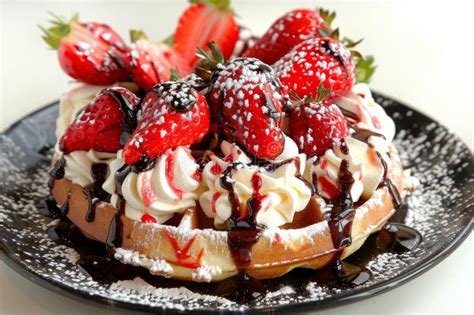 Gourmet Waffle Topped With Strawberries Whipped Cream And Chocolate