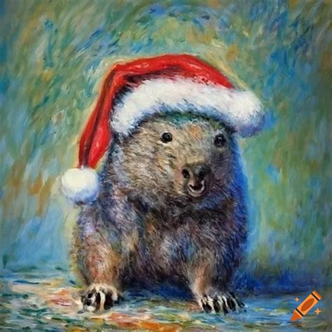 Claude Monet Painting Of A Wombat Wearing A Christmas Hat On Craiyon