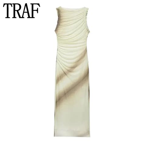 Traf Ruched Tulle Bodycon Dress Women Print Ruffle Mesh Long Dress