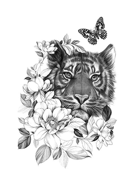 Temporary Floral Tiger Tattoo With Butterfly Tattoos for - Etsy