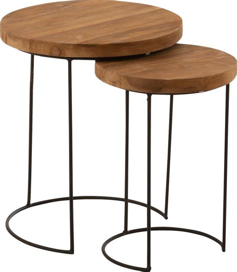 Bijzettafel set van 2 rond teak hout van WDMT ø 38 x 45 cm ø 28 x