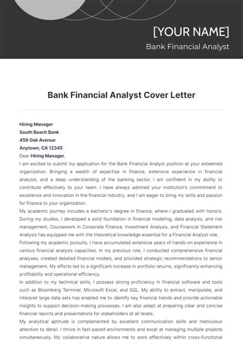 Free Bank Financial Analyst Cover Letter Template Edit Online And Download