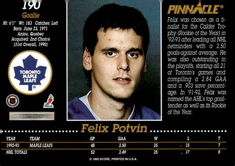 1993 94 Pinnacle 190 Felix Potvin Ebay