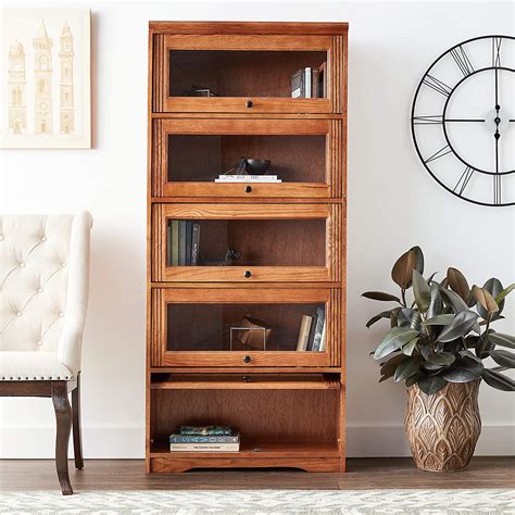 Tall Barristers Bookcase With Glass Doors Medium Wood Finish Five Shelf Classic Protective