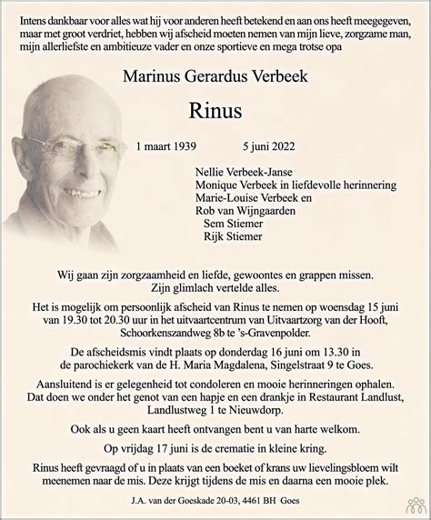 Marinus Gerardus Rinus Verbeek Overlijdensbericht En