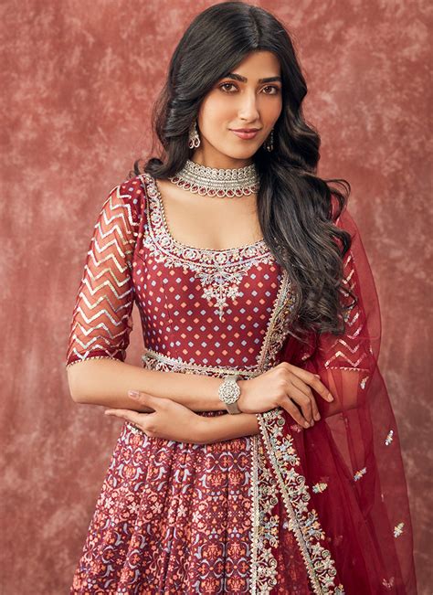 Deep Maroon Printed Satin Anarkali Lashkaraa