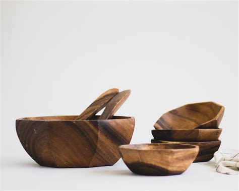 Vintage 7 Piece Wooden Salad Bowl Set, Octagonal Wood Salad Bowls, Teak ...