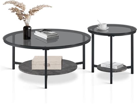 Clipop Round Glass Nesting Coffee Table Set Of 2 For Living Room With Grey Marble Storage Shelf