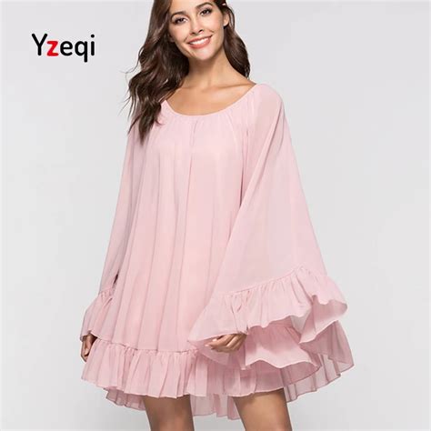 Yzeqi Women Chiffon Batwing Sleeve Summer Dress Solid Full Ruffles O Neck Loose Big Swing