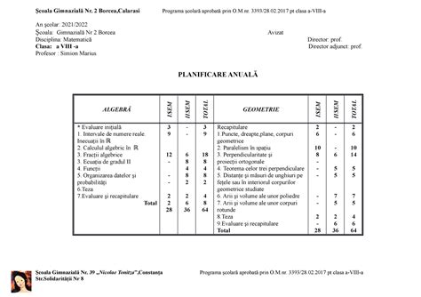 Planificare Matematica Clasa A A An Scolar Coala