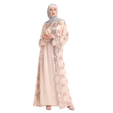 Muslim Women Lace Sequin Cardigan Maxi Dress Kimono Open Abaya Robe