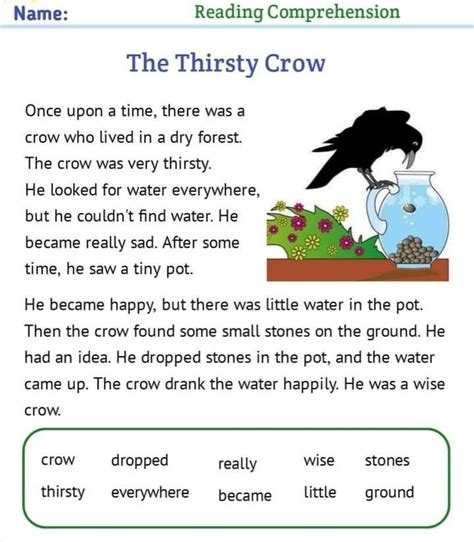 The Thirsty Crow Reading Comprehensive Reading Practice Worksheet For